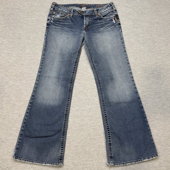 Silver Jeans Womens Blue Distressed Denim Tina Bootcut Double Button Waist Sz 32 - Picture 1 of 16